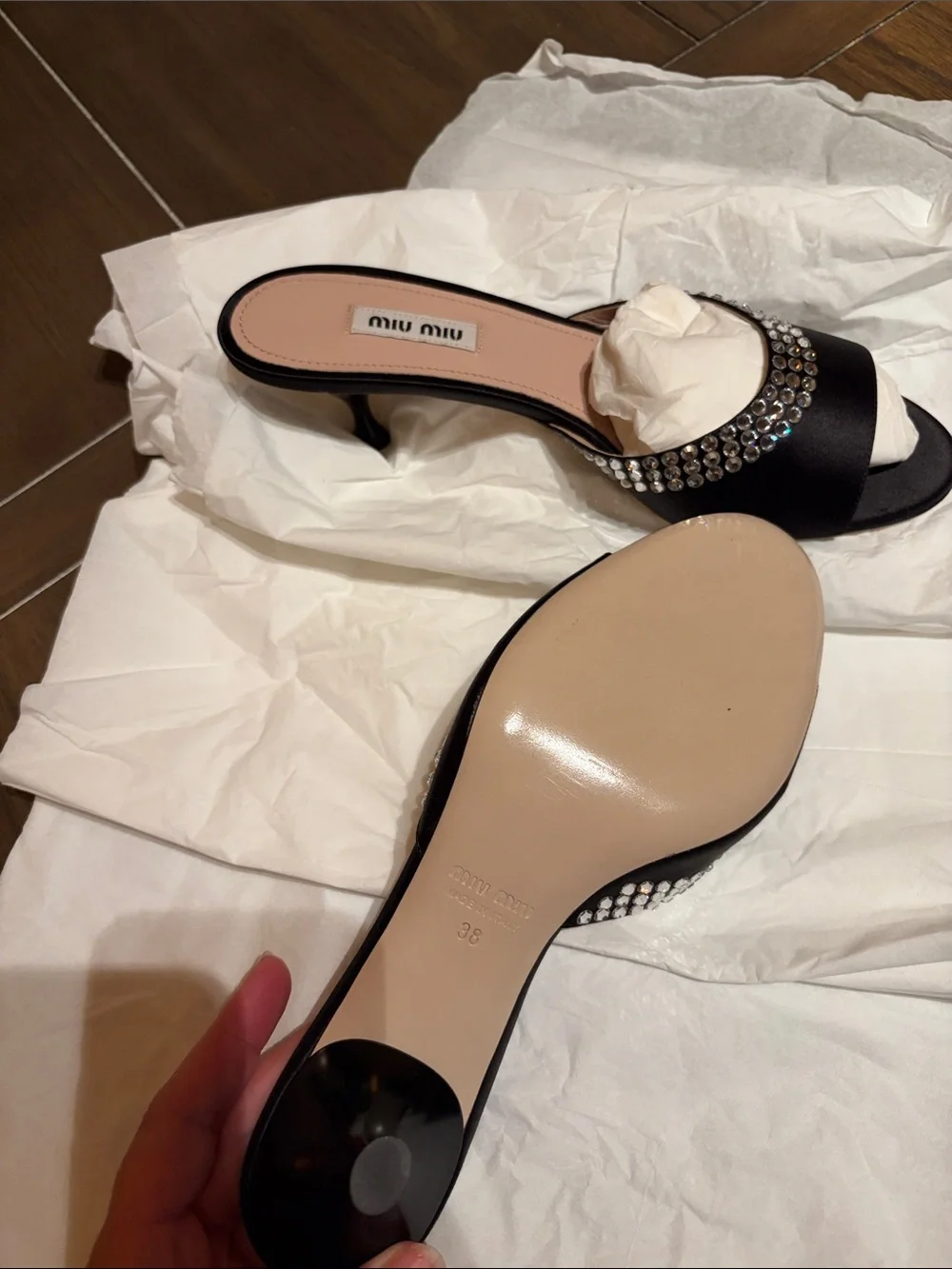 Miu Miu Black Satin Crystal-Embellished Slide Mules - Picture 4 of 6